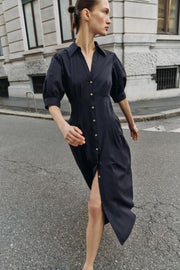 Robe midi en popeline à manches bouffantes