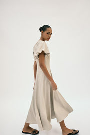Robe midi en lin à manches bouffantes