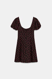 Robe à pois à manches bouffantes en lin