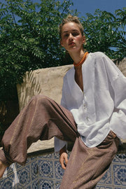 Pantalon bouffant avec nœuds en lin