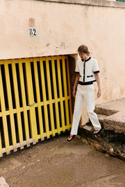Pantalon droit à taille contrastée