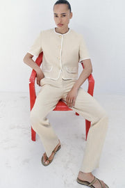Pantalon droit en lin à taille contrastée