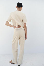 Pantalon droit en lin à taille contrastée