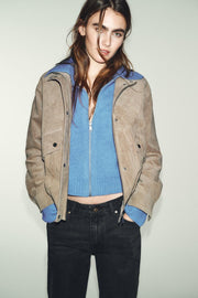 Blouson 100 % cuir suédé à col montant