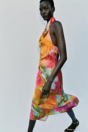Robe midi satinée imprimée