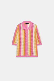 Veste polo en maille ajourée à rayures