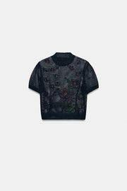 Top en maille à fleurs brodées