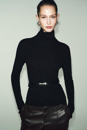 Pull 100 % laine à col montant avec ceinture