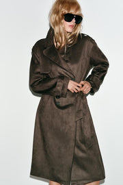 Trench long effet suédine avec ceinture