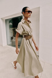 Robe midi en popeline avec ceinture