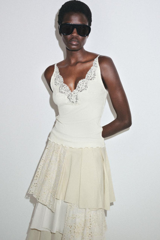 Top côtelé en dentelle