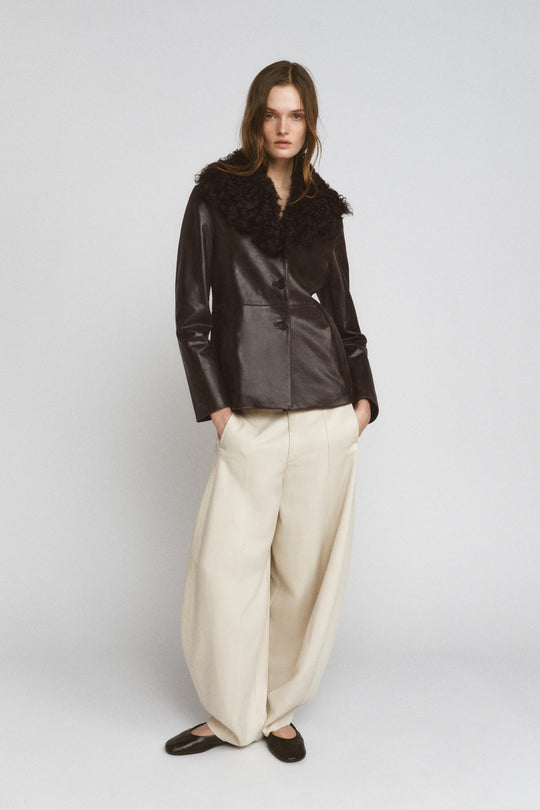 Veste en cuir à col en fourrure ZW Collection Édition limitée