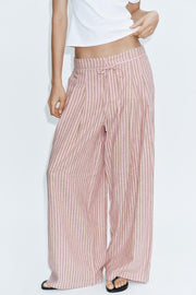 Pantalon en lin à rayures et cordon