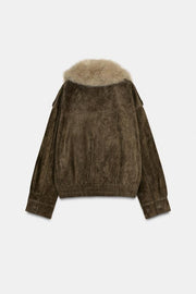 Blouson 100 % cuir suédé avec fourrure