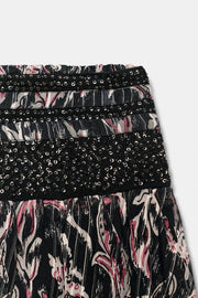 Jupe ballon imprimée à sequins en fil métallisé