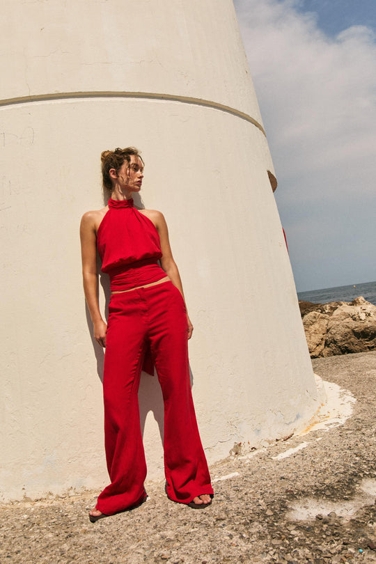 Top dos-nu en lin avec nœud au dos