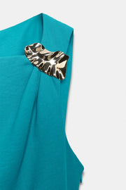 Robe midi drapée à application dorée